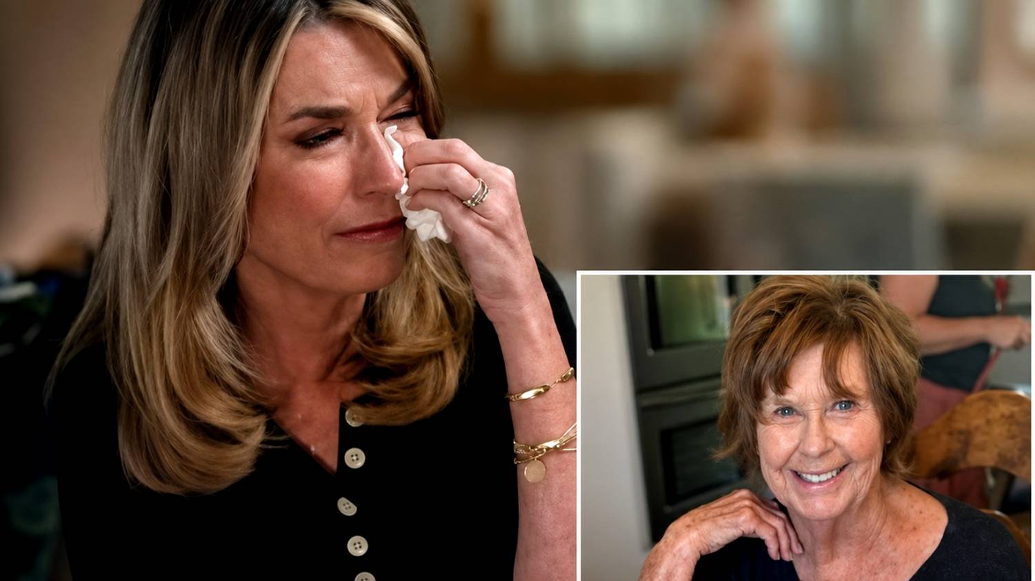 Nicolle Wallace crying alongside an inset portrait.