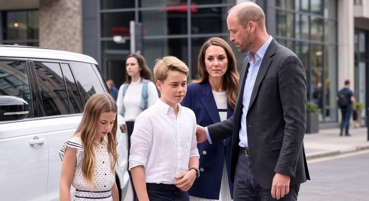 The Wales family steps out: Charlotte in a white polka-dot dress, George in a white shirt, and Dad William gently leading the way! .